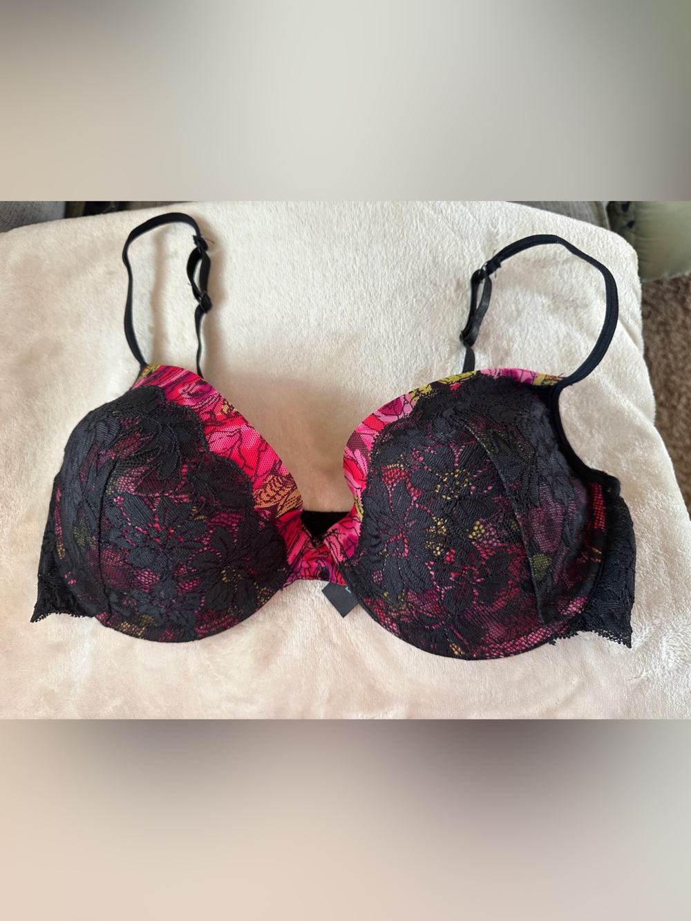 Black Lace Overlay Pink Floral Push-Up Bra 38D